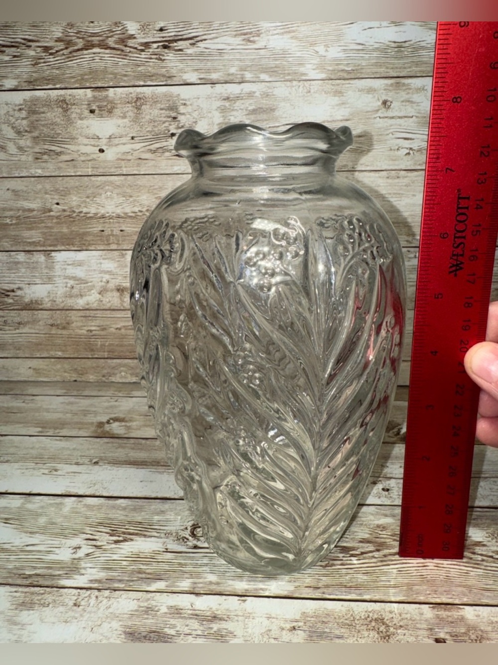 Vase Clear Press Glass Embossed  Garden Flower 8" Scalloped Rim Vintage